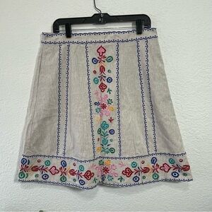 Boden Embroidered Natural Linen-Blend Skirt with Multicolor Floral Trim